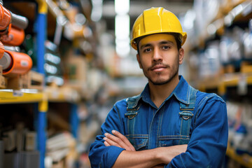 Hardware store employee: A confident-looking Hispanic man in a blue overall and a yellow safety helmet is standing with crossed arms in a store, with shelving containing various goods in background