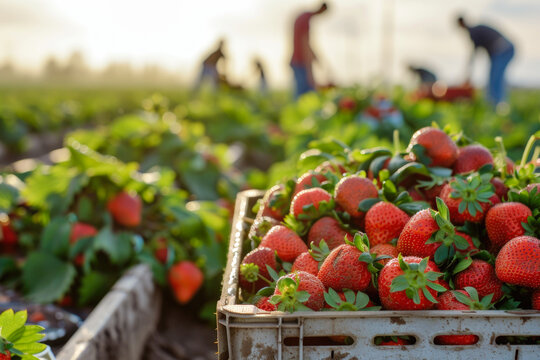 A crate full of freshly picked red strawberries with farmers working in the field behind it, symbolizing agriculture, organic farming, or the fruit harvest season