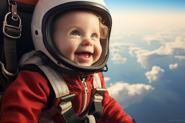 Fototapeta premium AI generated image of cheerful happy funny baby skydiver free falling