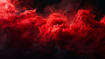 Poster A striking display of red cloudiness, mist, or smog moving across a black background, featuring beautiful swirling smoke for logos or as a wide-angle wallpaper © Orxan