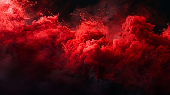 A striking display of red cloudiness, mist, or smog moving across a black background, featuring beautiful swirling smoke for logos or as a wide-angle wallpaper