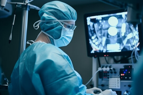Generative IA picture modern operating room in futuristic surgery clinic team of professionals operating patient