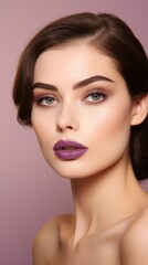 A woman with purple lipstick and green eyes
