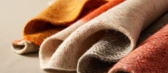 A close-up view of various colored towels neatly stacked on a wooden table surface