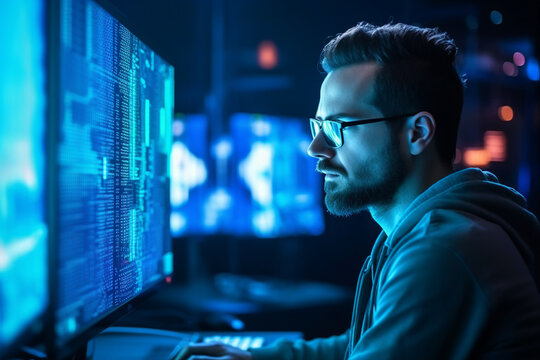 Hard working person in modern interior office programming writing web java script code AI technology generation