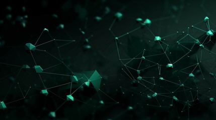Dark green background with linking lines and shapes. Blockchain and technology related