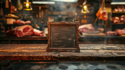 Artisan Butcher Shop Display With Empty Sign. A Variety of Fresh Meats - obrazy, fototapety, plakaty