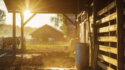 A quaint countryside dairy farm at sunrise, where a farmer milks cows in a rustic barn. 