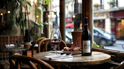 A quaint French bistro setting, with a small table by the window overlooking a bustling Paris...