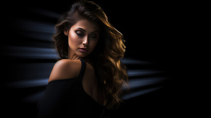 Fototapeta na wymiar Sexy strict woman with black dress, tan skin, makeup and a fashionable hairstyle poses in studio on black background, with copyspace, blank space for text. Black friday shopping design concept