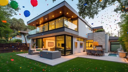 Celebration as confetti and balloons grace a modern luxury home, side, front, and backyard view.