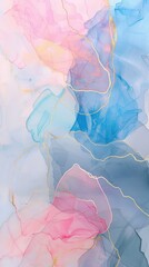 Elegance meets fluidity in a mesmerizing display of watercolor textures, where pastel pink and blue hues mingle harmoniously, accentuated by the refined beauty of golden lines