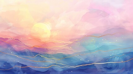Heavenly pastel dawn, watercolor blend, with peaceful gold lines mimicking the suns first rays - obrazy, fototapety, plakaty