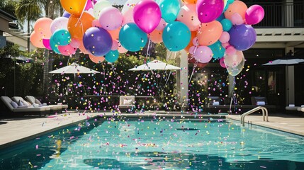 Cascading confetti and balloons transform a chic poolside into a lively celebration of modern opulence.