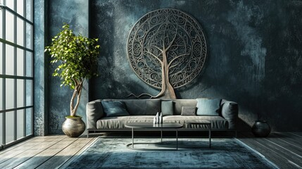 captivating visual featuring a tree mandala on a cool-toned wall, with a modern sofa adding a touch of sophistication.