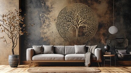 captivating visual featuring a tree mandala on a cool-toned wall, with a modern sofa adding a touch...