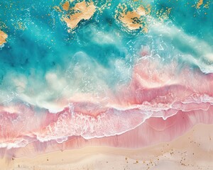 Abstract aerial view of a pastel seascape, pink sands meet blue waters, gold flecks