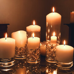 Cluster of scented candles of various shapes and sizes arranged on a reflective surface.