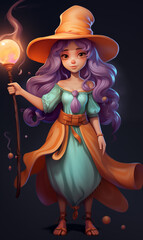 Enchanted Sorceress with Purple Hair and Glowing Torch in Fantasy Attire
