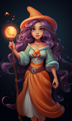 Enchanted Sorceress with Purple Hair and Glowing Torch in Fantasy Attire
