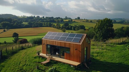 An eco-friendly tiny house nestled in a scenic countryside setting,  with solar panels on the roof and a rainwater harvesting system,  showcasing sustainable living and minimalist design