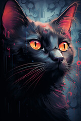 Vibrant Abstract Cat Illustration with Vivid Colors and Surreal Background
