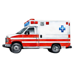 Ambulance car isolated on white background, watercolor illustration, vector clipart, emergency vehicle, hospital, patient, emergency clipart, health