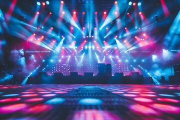 Vibrant laser lights enhance the atmosphere of a lively music show in a concert hall filled with colorful design elements. Concept Concert, Laser Lights, Music Show, Colorful Design, Atmosphere - obrazy, fototapety, plakaty