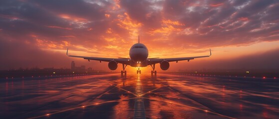 airplane taking off on runway with twilight sky background, Generative Ai