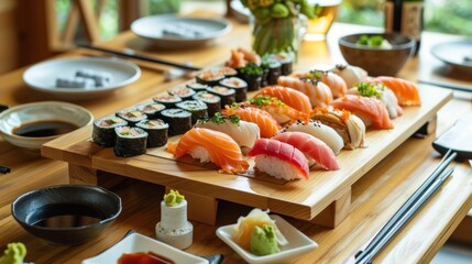 A traditional Japanese sushi spread featuring an assortment of nigiri and rolls, with slices of fresh salmon, tuna, and avocado. 