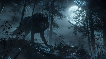 Menacing Lycanthrope Lurking in Misty Moonlit Forest Shadows