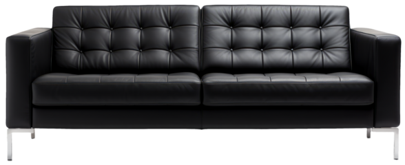 Black sofa in frontal view with transparent background