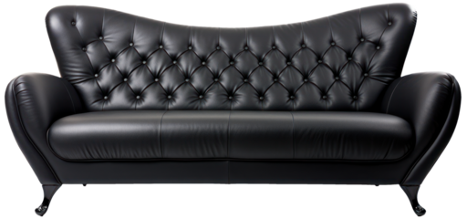 Black sofa in frontal view with transparent background