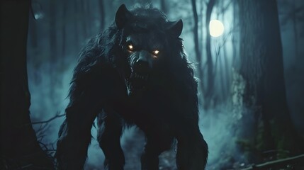 Menacing Werewolf Stalking Through Misty Dark Forest Under Full Moon