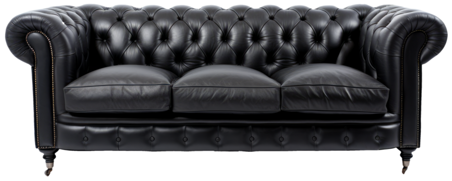 Black sofa in frontal view with transparent background
