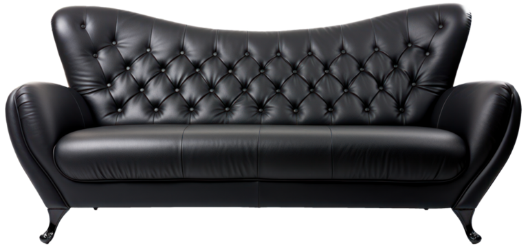 Black sofa in frontal view with transparent background