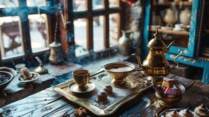 A traditional Turkish coffee preparation set in an old-world kitchen, with a small, brass cezve filled with finely ground coffee and water, slowly heated over an open flame.