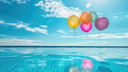 Balloons against a blue sky, casting reflections on a luxury pool, creating a picture-perfect moment.