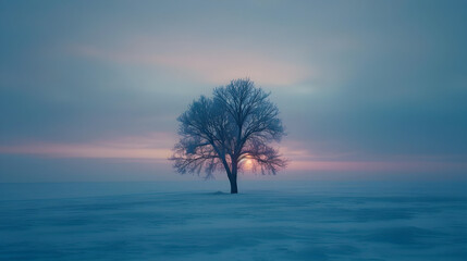 A lone tree with the sunset on a blue snow covered field, ethereal nature scenes