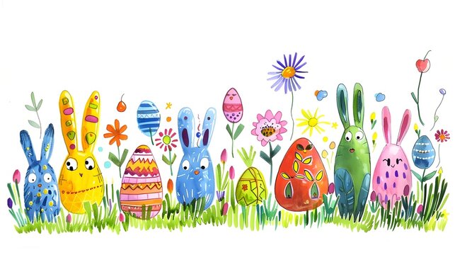 Egg-cellent Easter Whimsical Doodle World of Vibrant Springtime Fun - This vibrant,whimsical depicts a delightful Easter-themed doodle world filled with colorful eggs,playful bunnies,charming floral e
