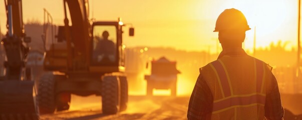 road construction workers in golden hour in sunset light.
