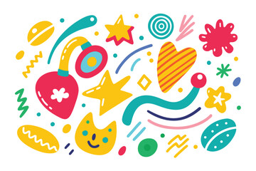 Colorful hand drawn doodle shape set on isolated white background. Random childish pencil color shapes and scribble