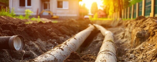 Sewage pipes instaling on the construction of a house - obrazy, fototapety, plakaty