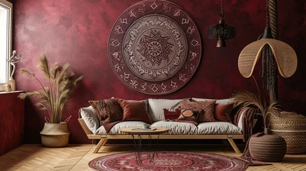 Rolgordijnen an intricate mandala on a rich plum wall, enhancing the aesthetic appeal with a cozy sofa. © Rustam