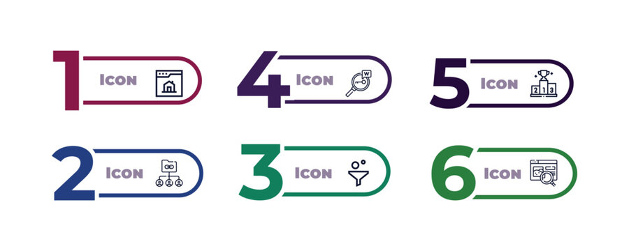 outline icons set from search engine optimization concept. editable vector included home page, keywords, ranking, sharing archives, funnel, image icons.