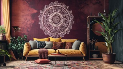 an intricate mandala on a rich plum wall, enhancing the aesthetic appeal with a cozy sofa.