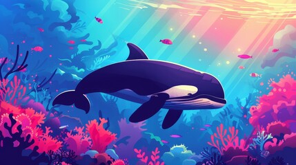 Obraz na płótnie Canvas illustration of whales and sealife in marine blue underwater sea world