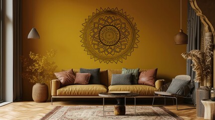 Fototapeta na wymiar an intricate flowering mandala on a rich mustard wall, accentuated by a modern sofa in the frame.