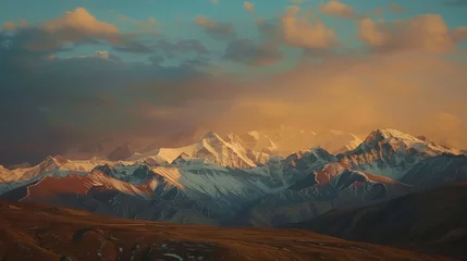 Fotobehang landscape view of the Himalayas in Tibetan plateau under sunset light © urdialex
