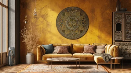 Sierkussen an intricate flowering mandala on a rich mustard wall, accentuated by a modern sofa in the frame. © Rustam